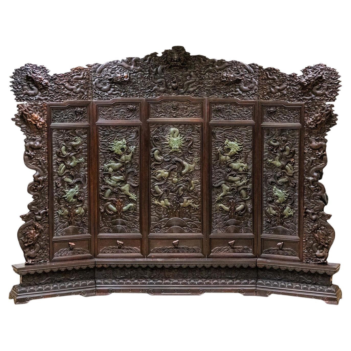 Antique Chinese Relief/Carved Screen in Solid Wood & Jade, 135w x 105h