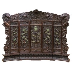 Antique Chinese Relief/Carved Screen in Solid Wood & Jade, 135w x 105h