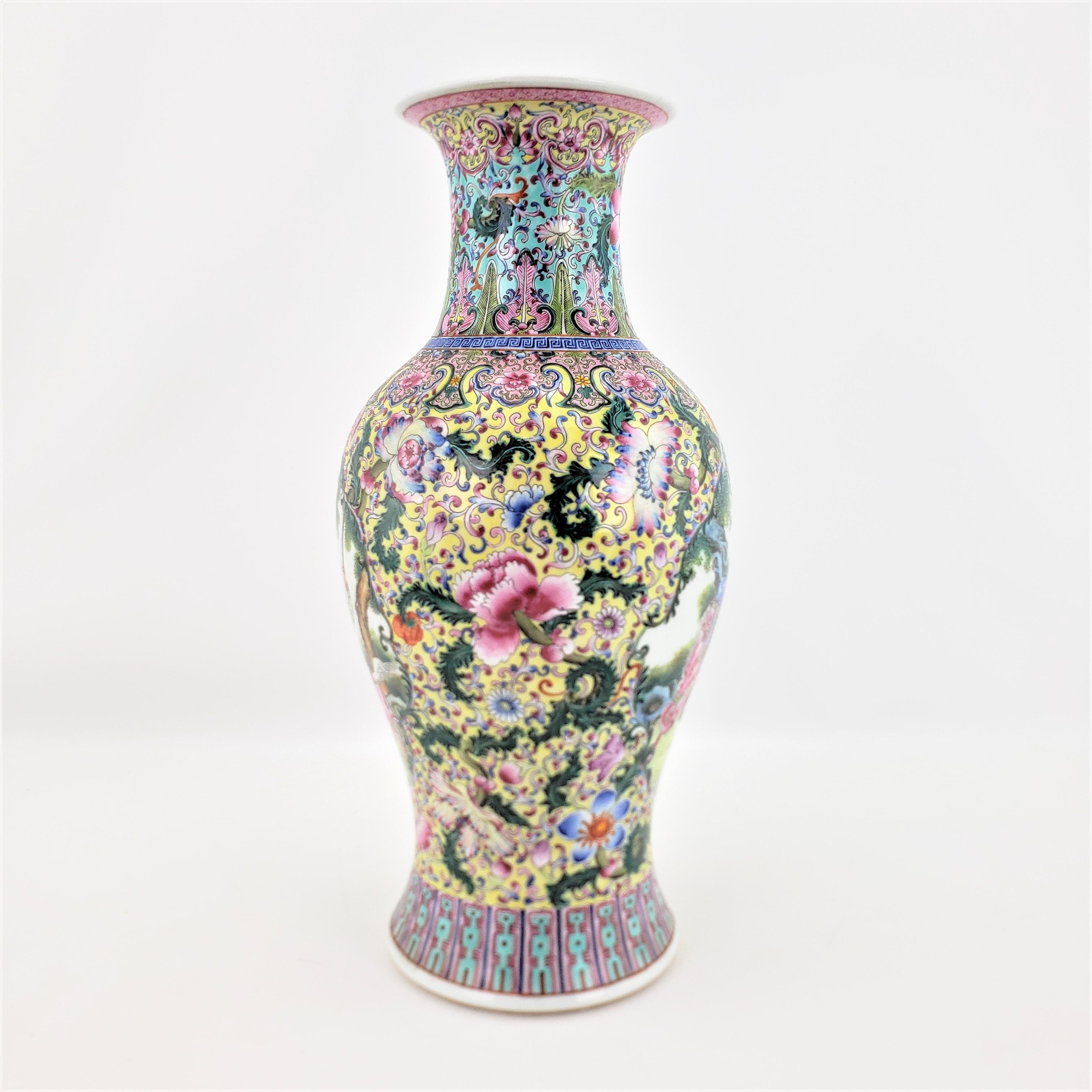 This antique and intricately hand-painted vase is signed on the base, but we were unable to identify the maker, but originates from China and dates to approximately 1920 and done in a Chinese Export style. The vase, which was once a lamp base, is