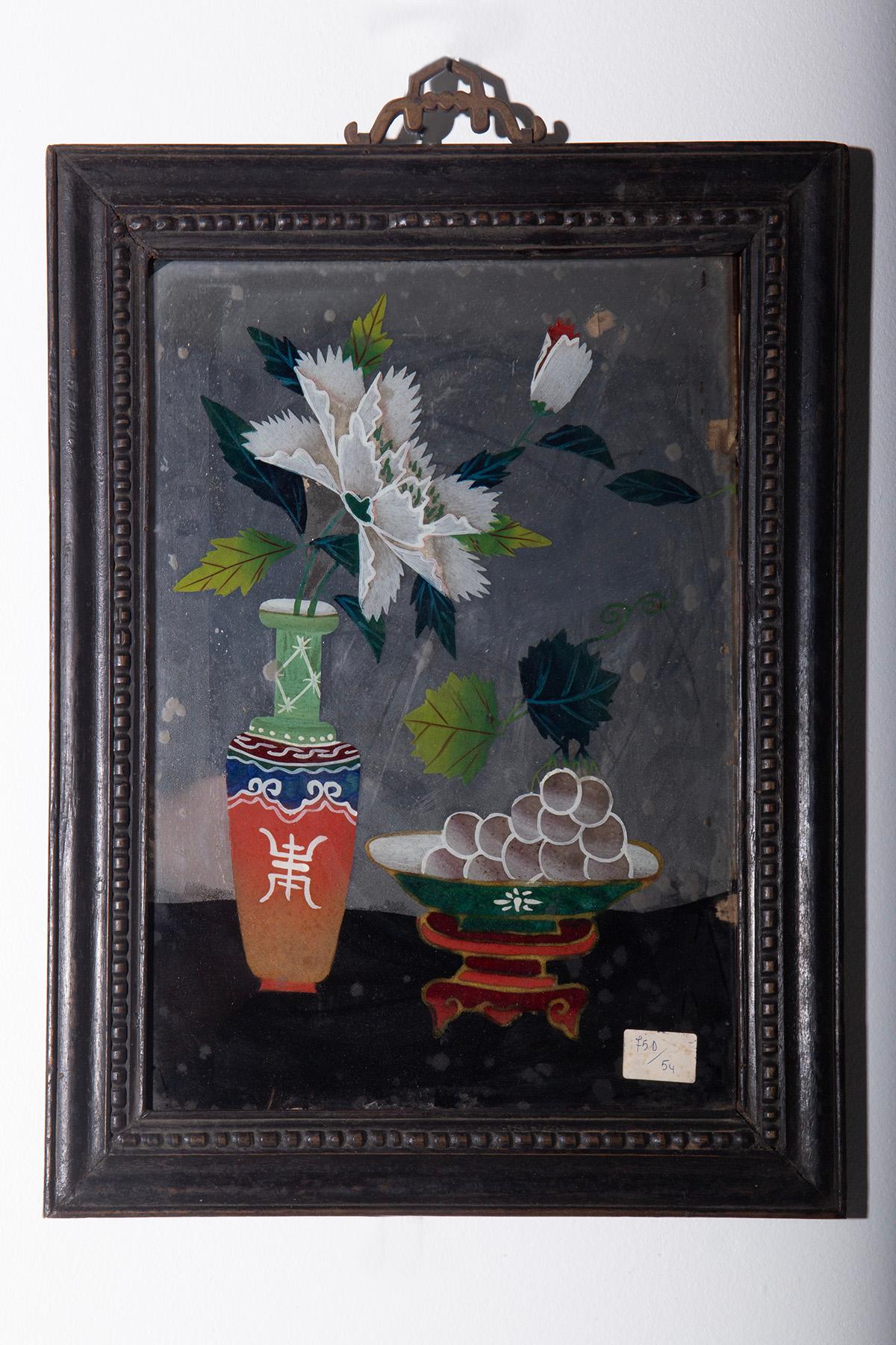 
Fascinating 19th-century Chinese mirror painting depicting traditional Chinese interiors with flowers in vases placed on wooden stands, bonsai trees in ceramic planters, books, and other details reminiscent of the artistic culture of the time. This
