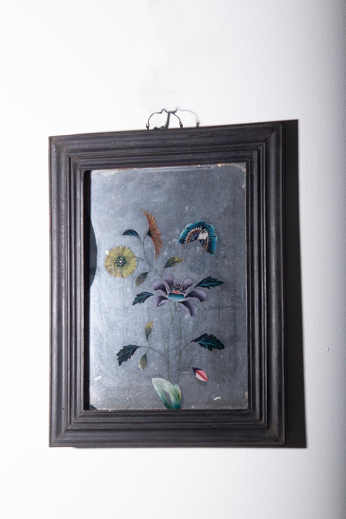Chinese Chippendale Antique Chinese reverse glass painting with flowers and butterflies For Sale