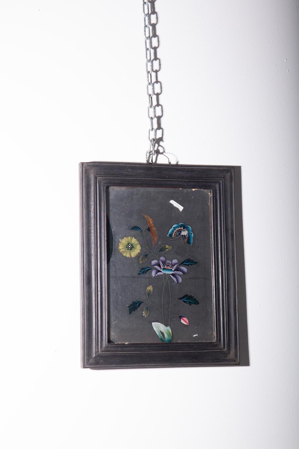 18th Century Antique Chinese reverse glass painting with flowers and butterflies For Sale