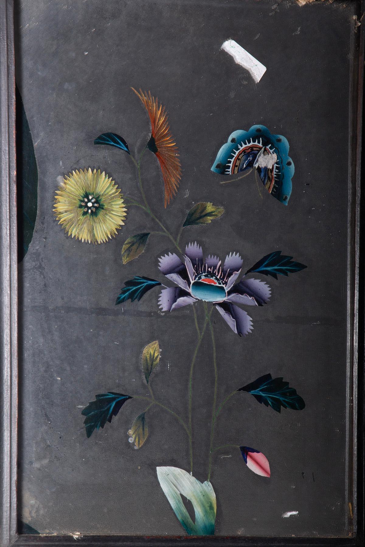 Mirror Antique Chinese reverse glass painting with flowers and butterflies For Sale