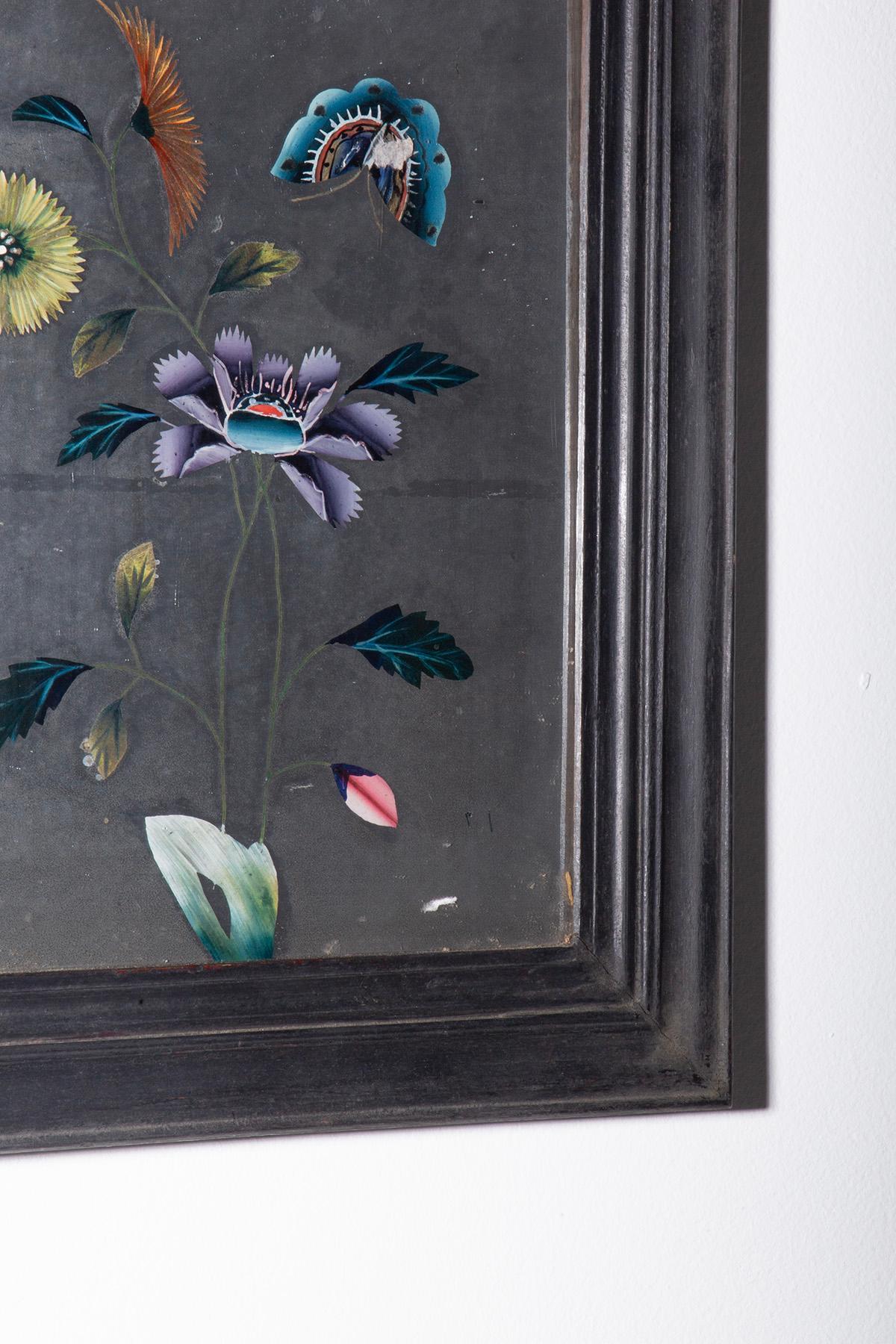 Antique Chinese reverse glass painting with flowers and butterflies For Sale 1