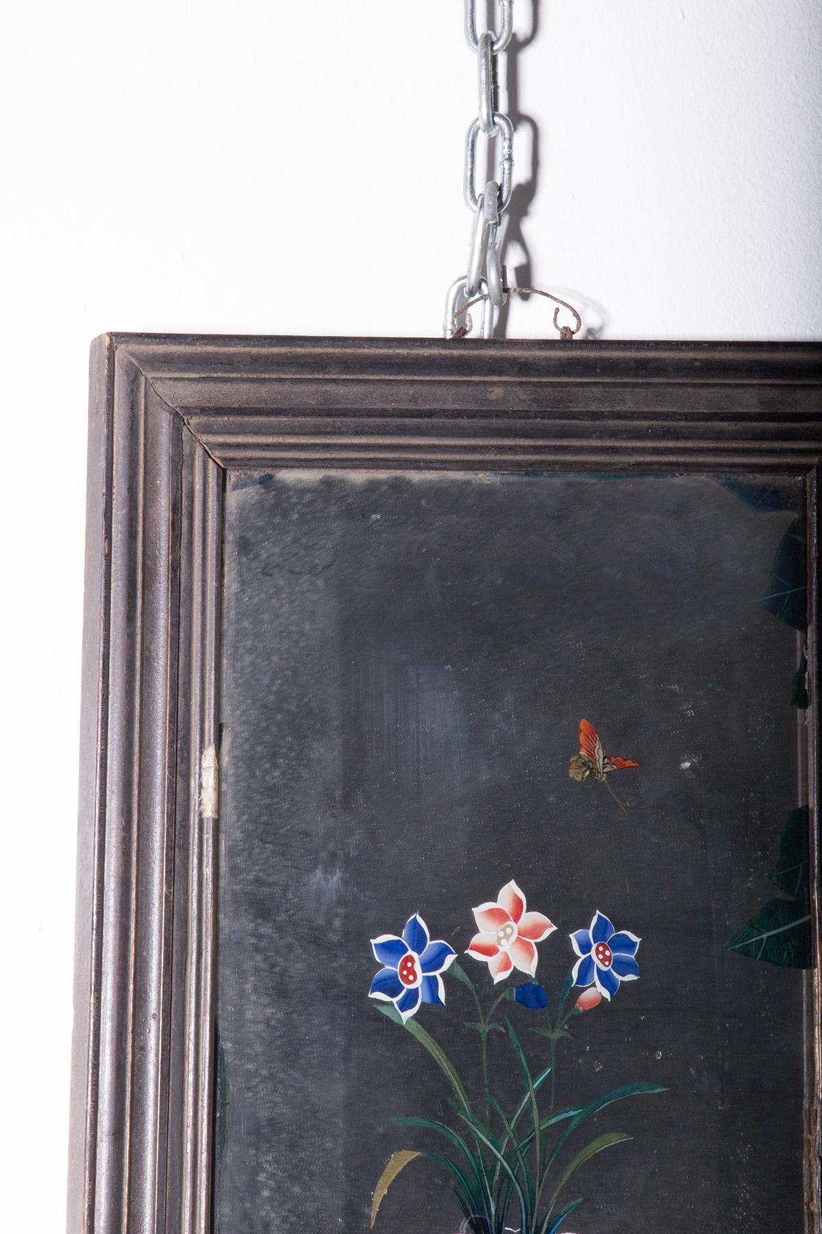 Chinese Chippendale Antique Chinese reverse glass painting with lotus blossoms For Sale