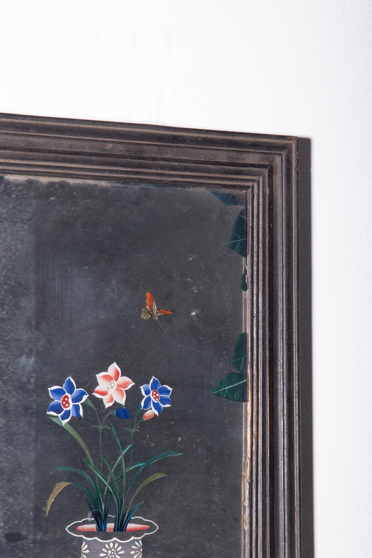 Antique Chinese reverse glass painting with lotus blossoms In Good Condition For Sale In Milano, IT