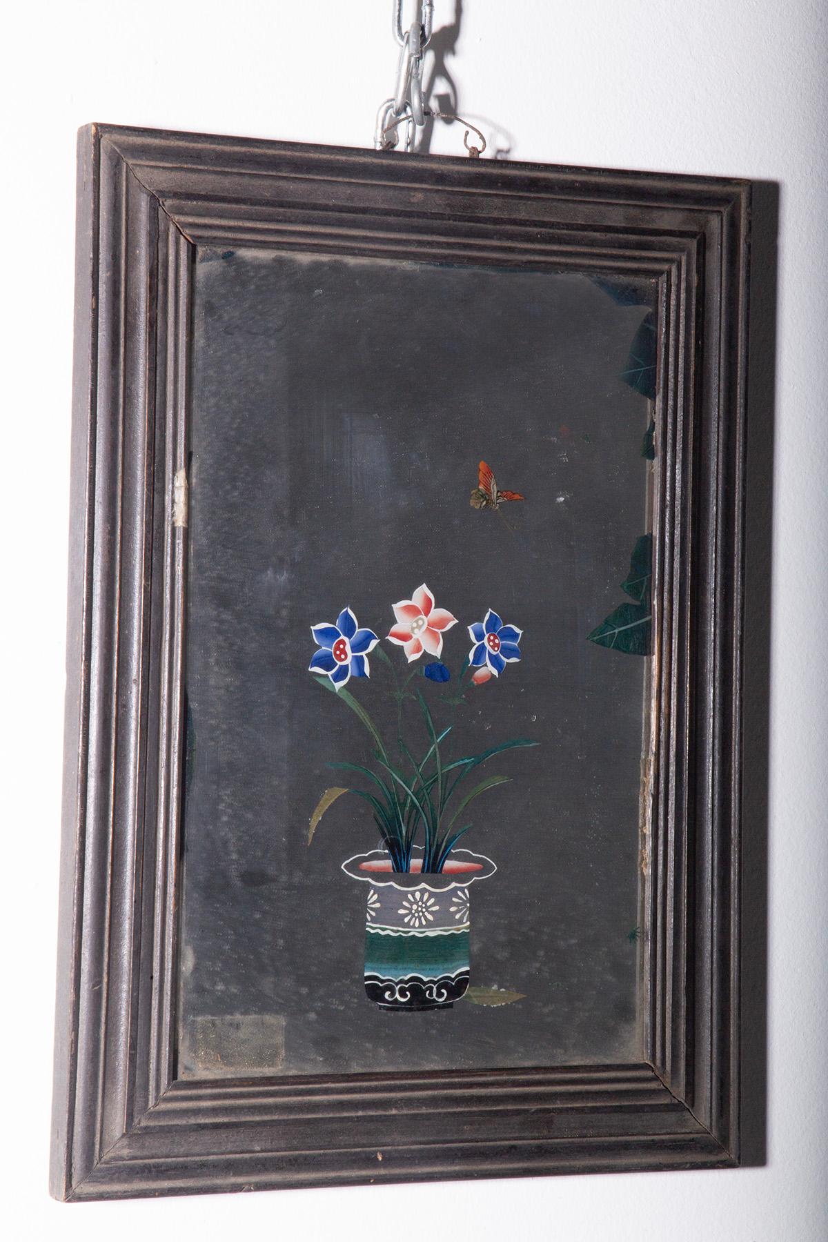 19th Century Antique Chinese reverse glass painting with lotus blossoms For Sale