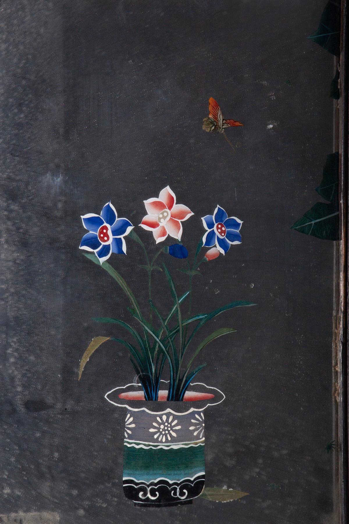 Mirror Antique Chinese reverse glass painting with lotus blossoms For Sale
