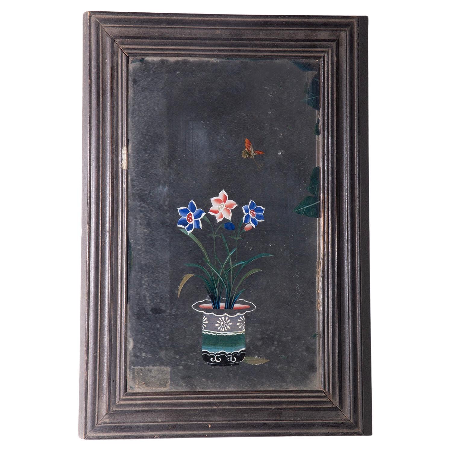 Antique Chinese reverse glass painting with lotus blossoms