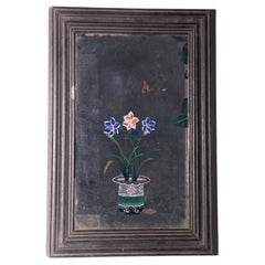 Antique Chinese reverse glass painting with lotus blossoms