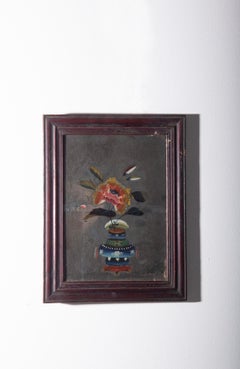 Antique Chinese reverse glass painting with peony paintings