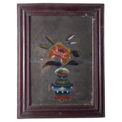 Antique Chinese reverse glass painting with peony paintings