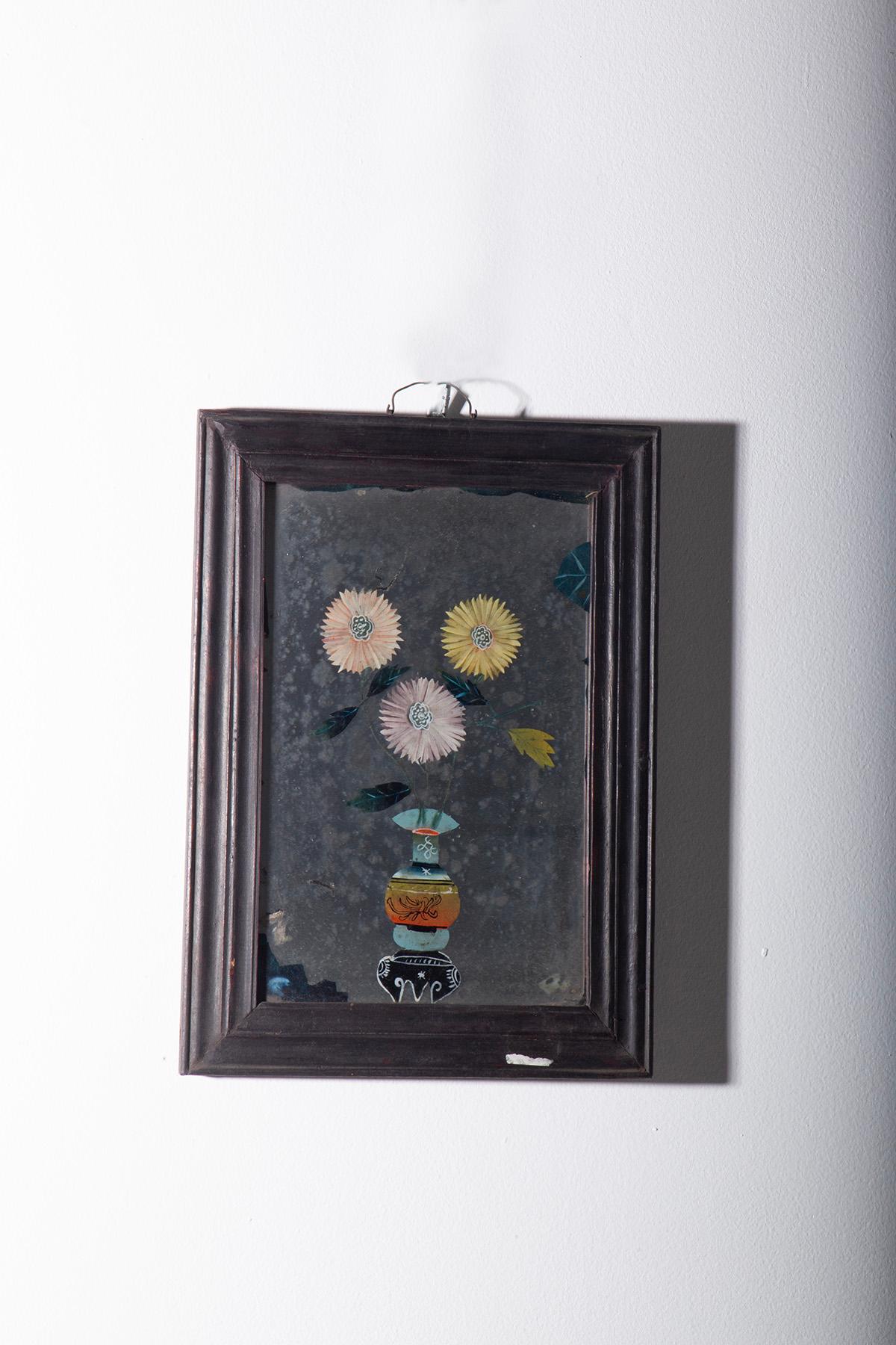 Chinese Chippendale Antique Chinese reverse glass painting with vase and flowers For Sale