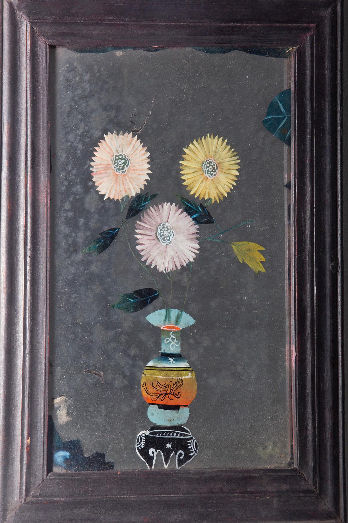 Late 19th Century Antique Chinese reverse glass painting with vase and flowers For Sale