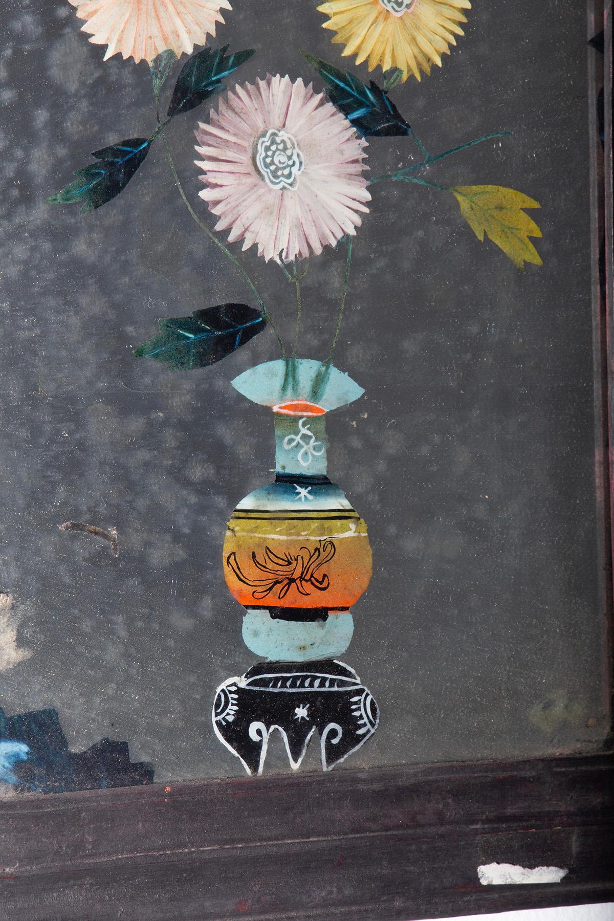 Antique Chinese reverse glass painting with vase and flowers For Sale 2