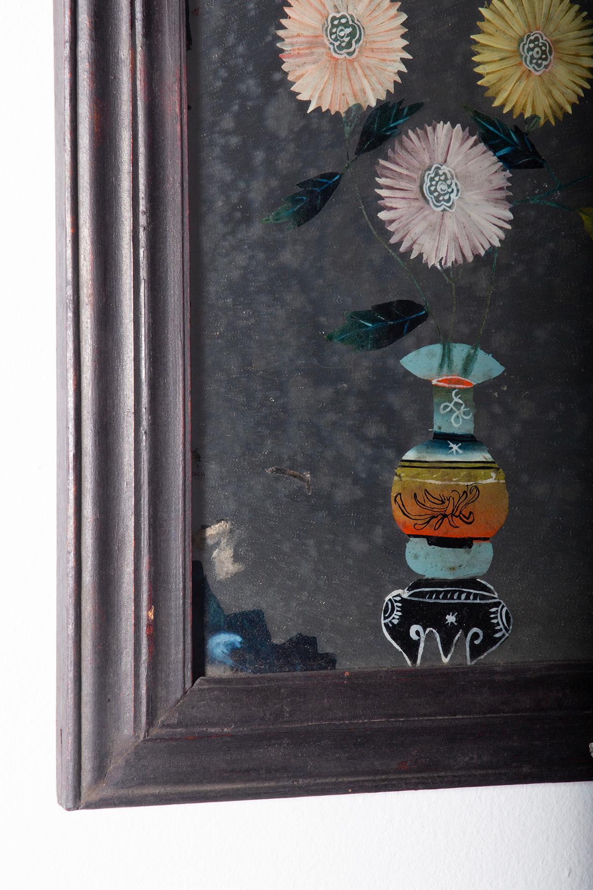 Antique Chinese reverse glass painting with vase and flowers For Sale 3