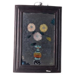 Peinture ancienne chinoise en verre inversé avec vase et fleurs