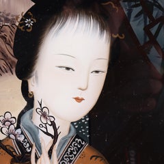Antique Chinese Reverse Painted Portrait Wall Panel Of A Woman & Vase c1920