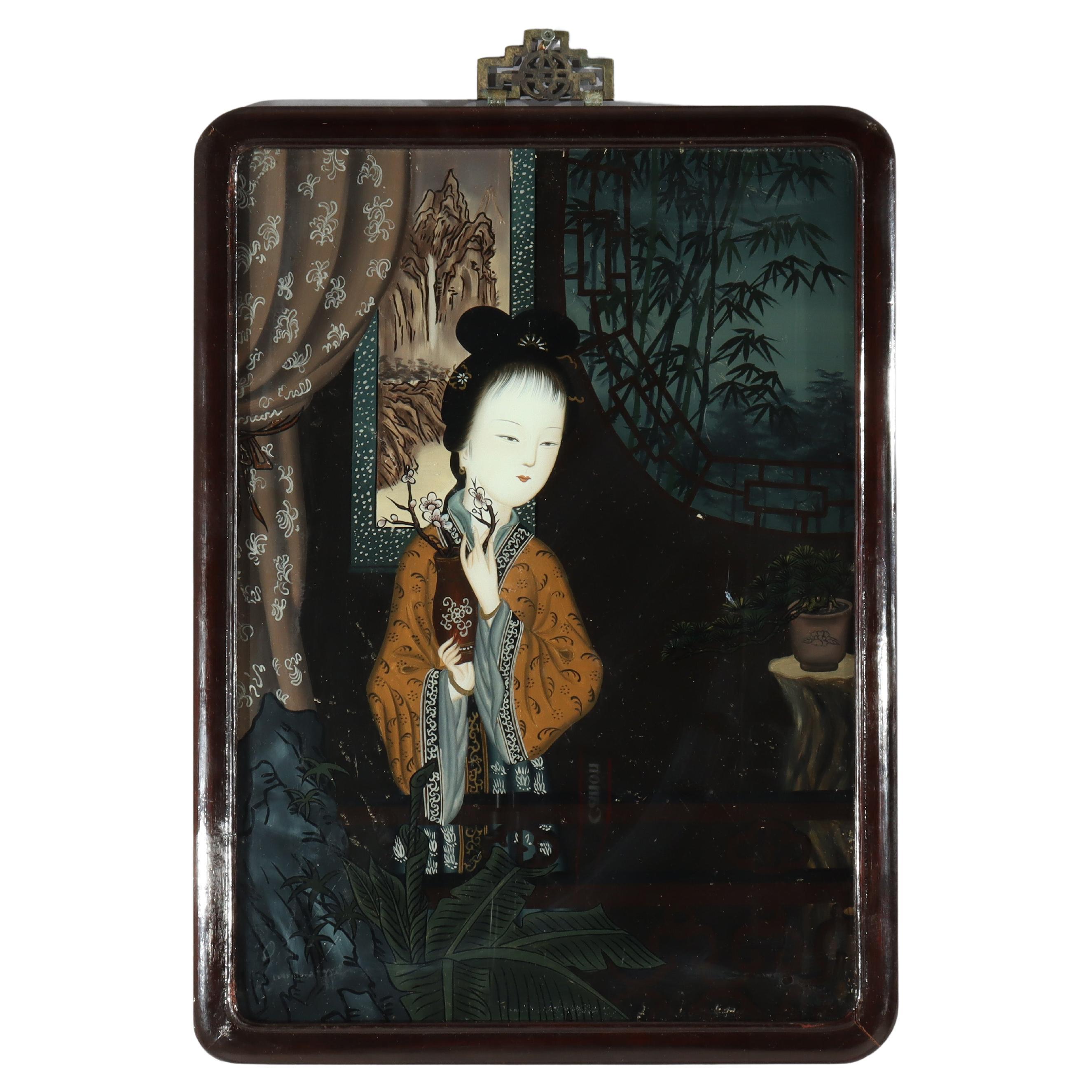 Antike chinesische Reverse gemalt Porträt Wandplatte einer Frau & Vase c1920