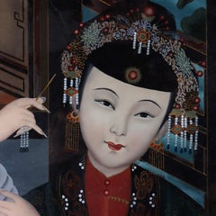 Antique Chinese Reverse Painted Wall Panel Of A Woman C1920