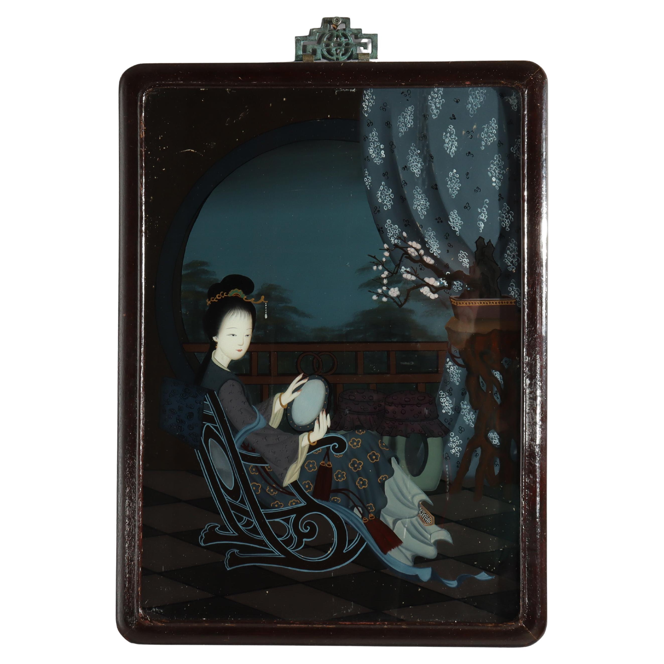Antique Chinese Reverse Painted Wall Panel Of A Woman c1920