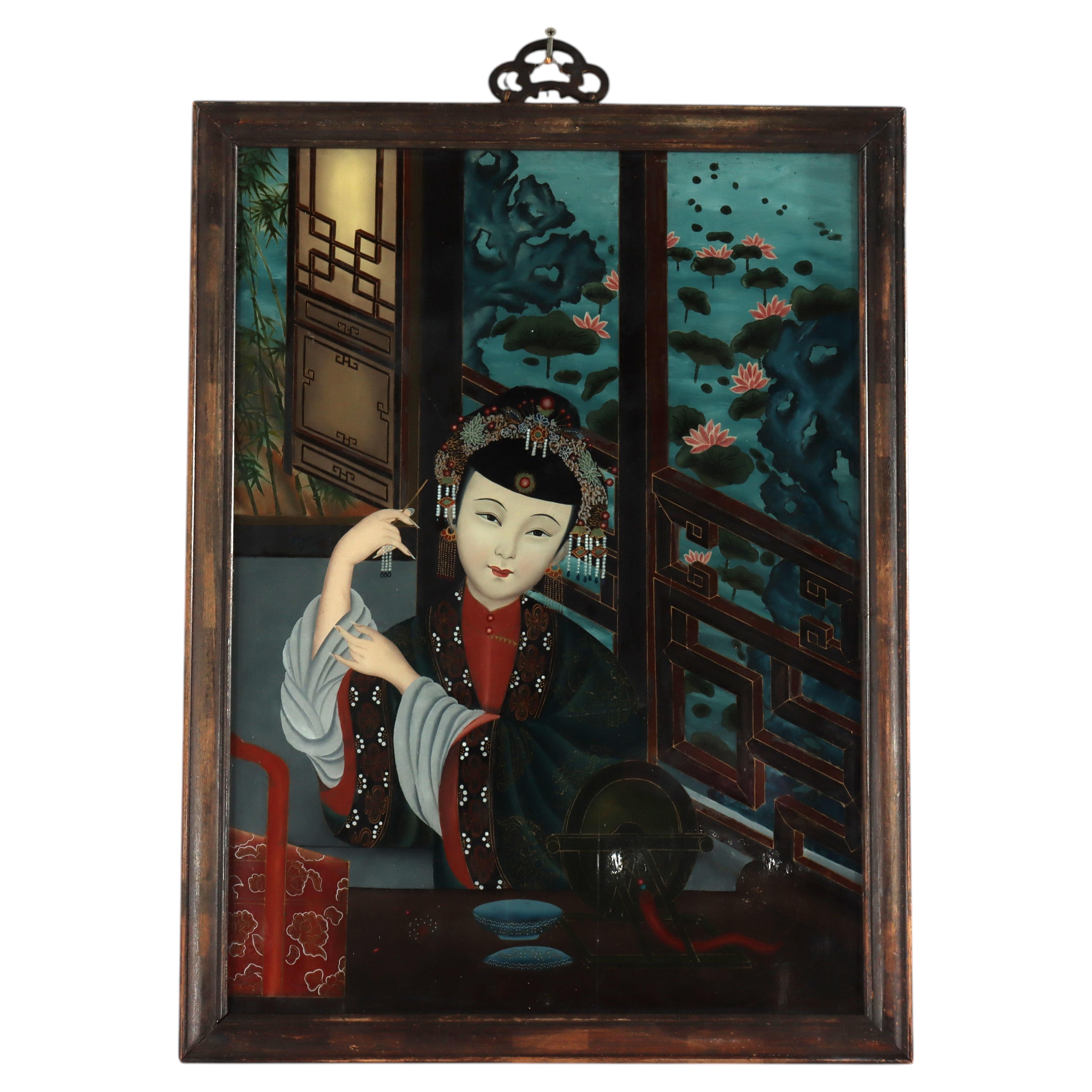 Antique Chinese Reverse Painted Wall Panel Of A Woman C1920