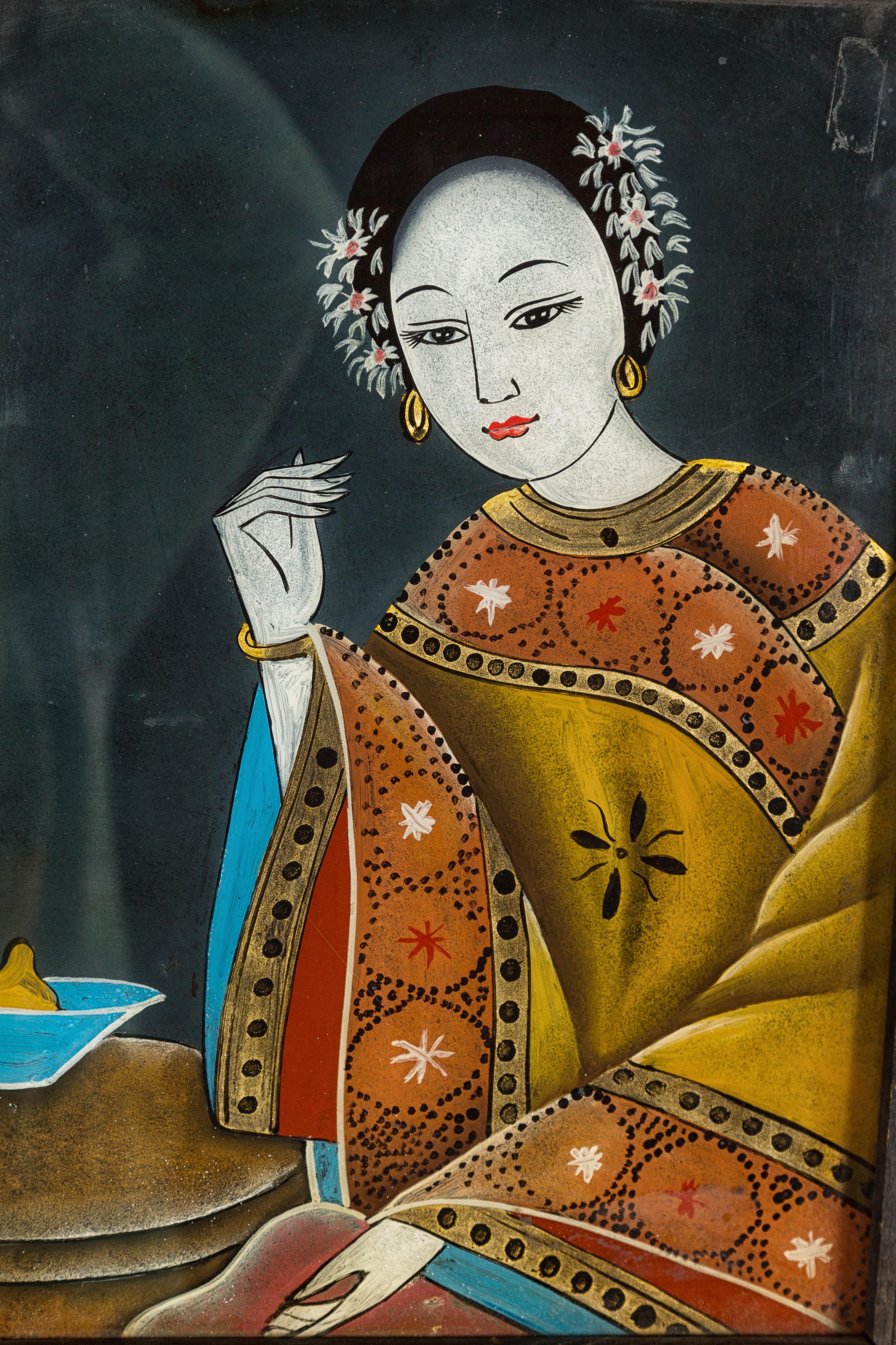 Antique Chinese Reverse Painting on Glass Depicting a Woman with Bowl of Fruits For Sale 5