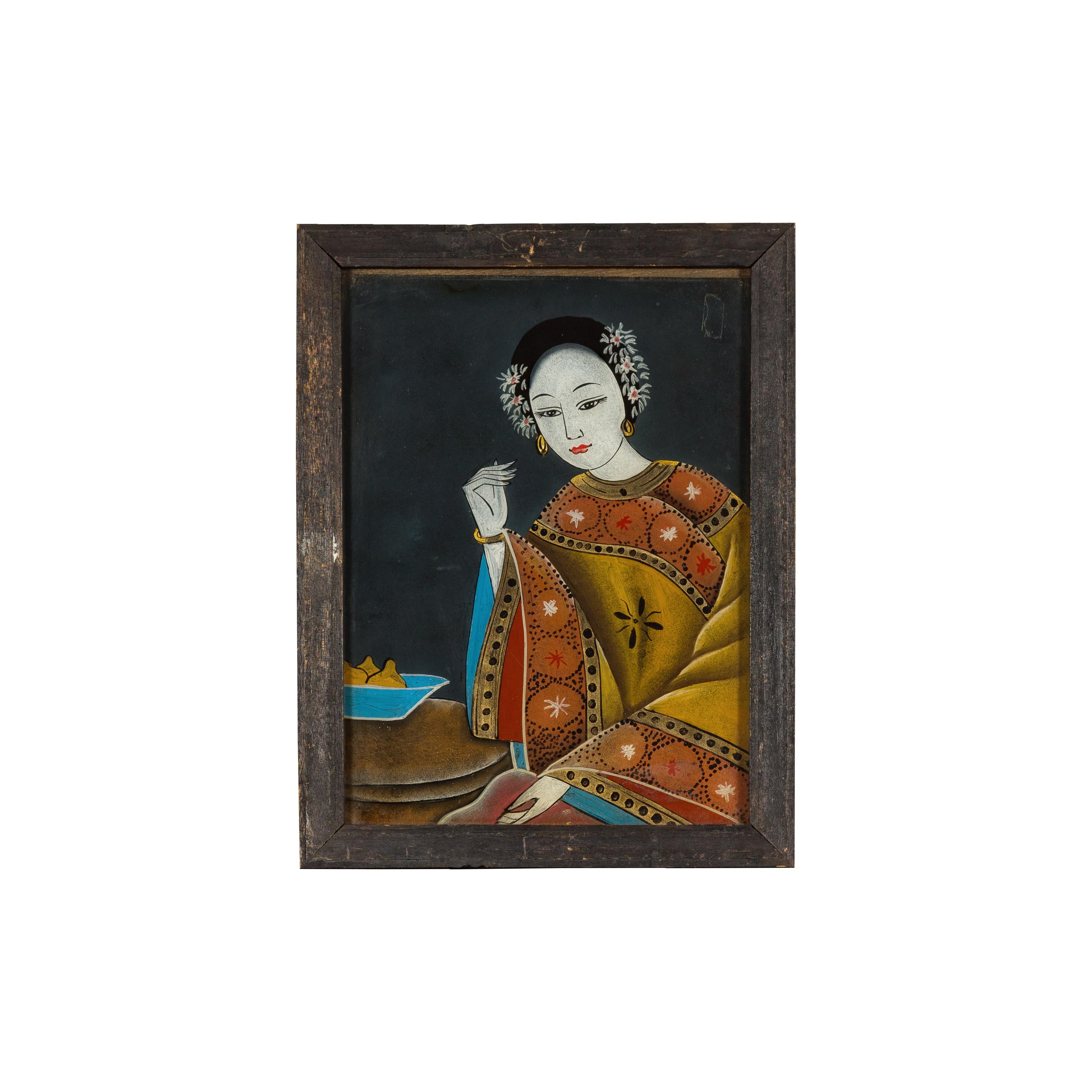 Antique Chinese Reverse Painting on Glass Depicting a Woman with Bowl of Fruits For Sale 12