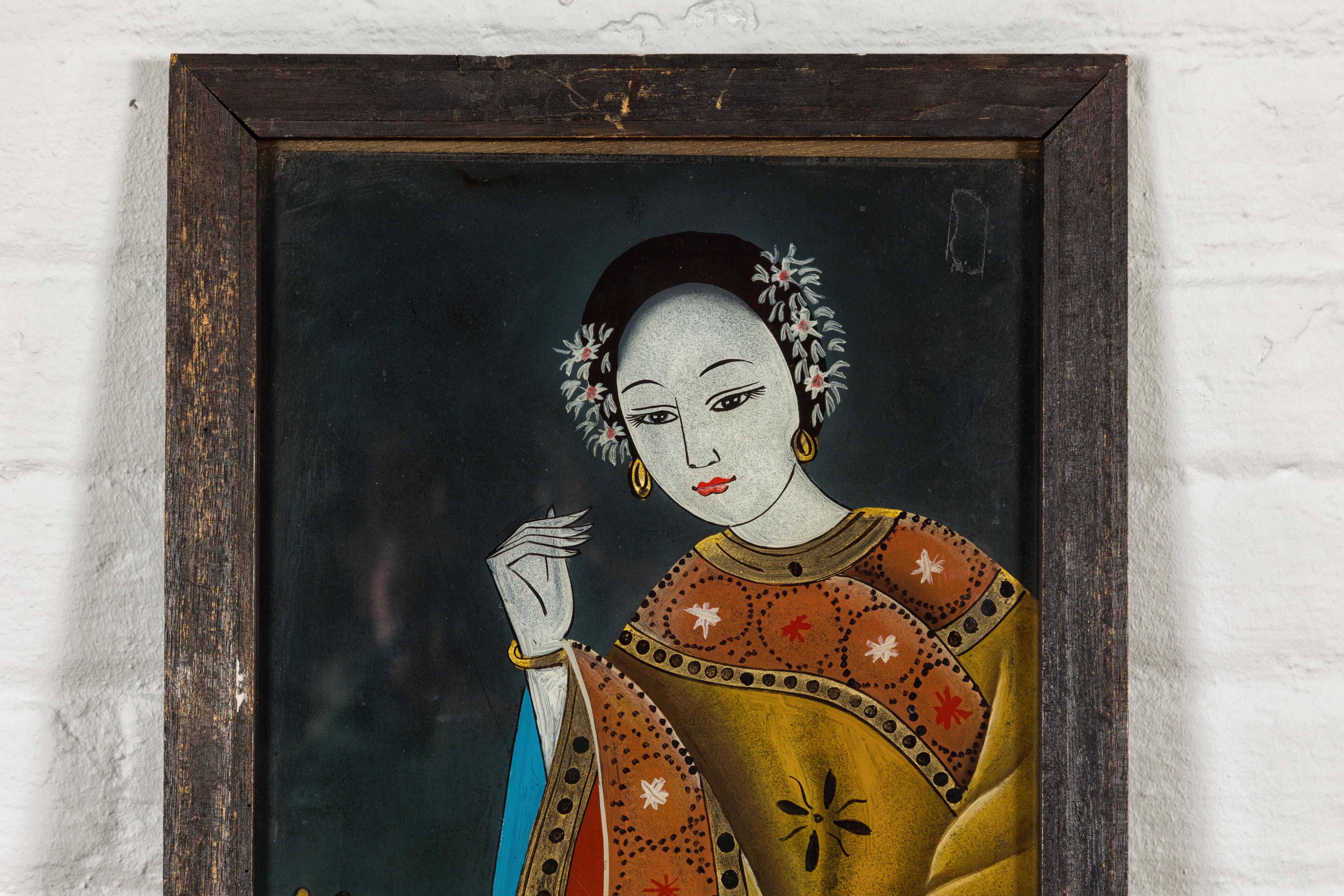 Hand-Painted Antique Chinese Reverse Painting on Glass Depicting a Woman with Bowl of Fruits For Sale