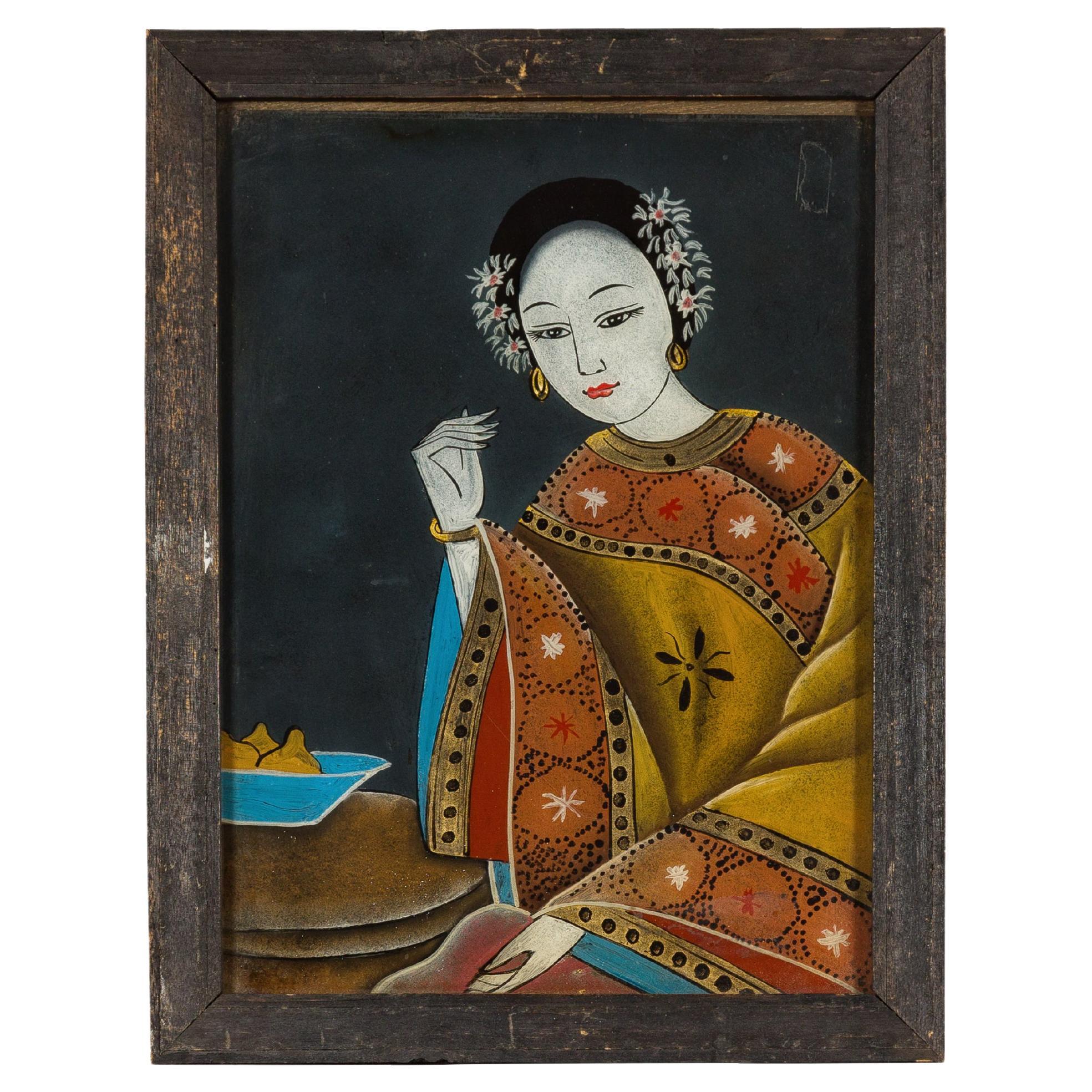 Antique Chinese Reverse Painting on Glass Depicting a Woman with Bowl of Fruits