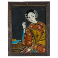 Antique Chinese Reverse Painting on Glass Depicting a Woman with Bowl of Fruits