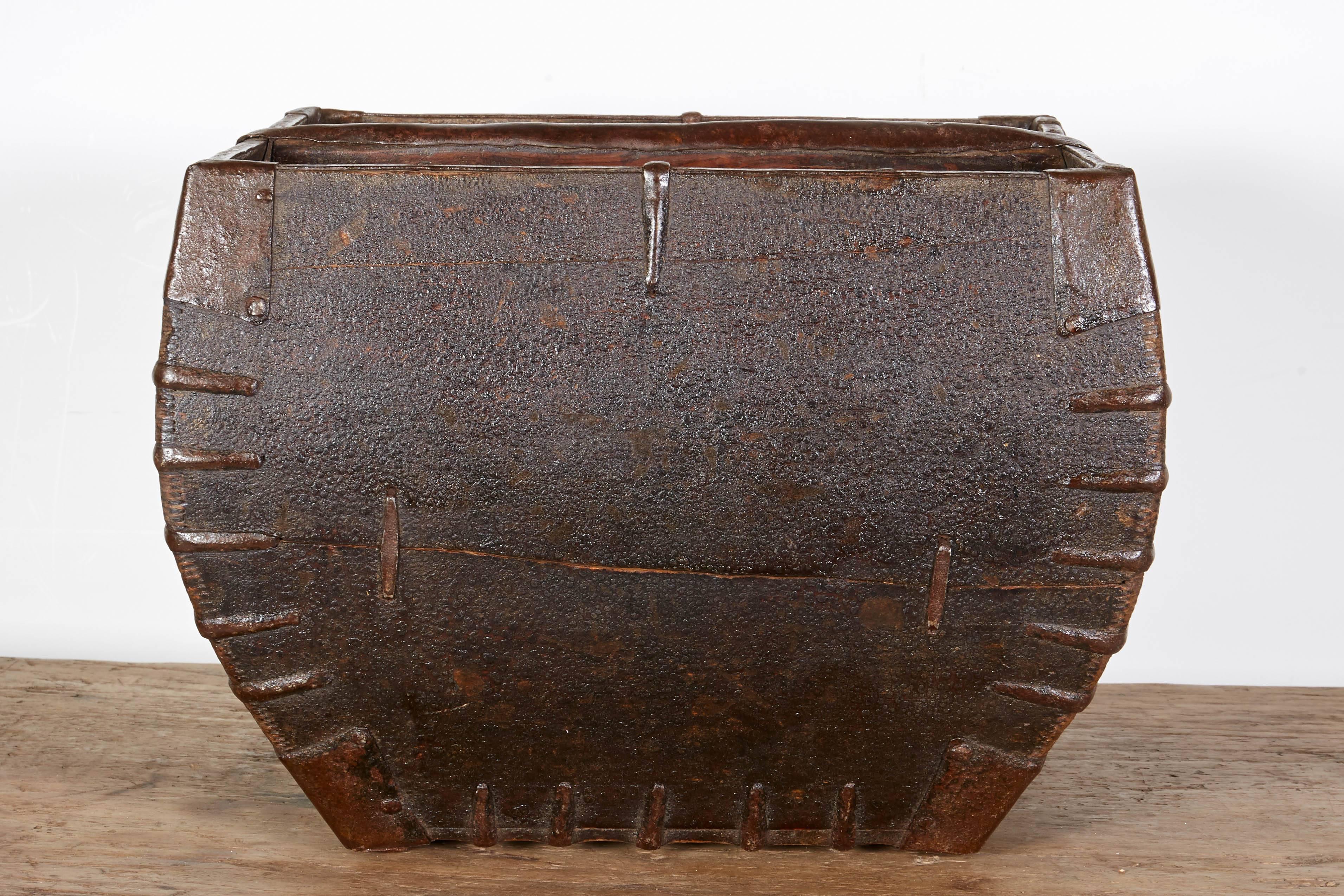 20th Century Antique Chinese Rice Measure Basket with Original Iron Decoration