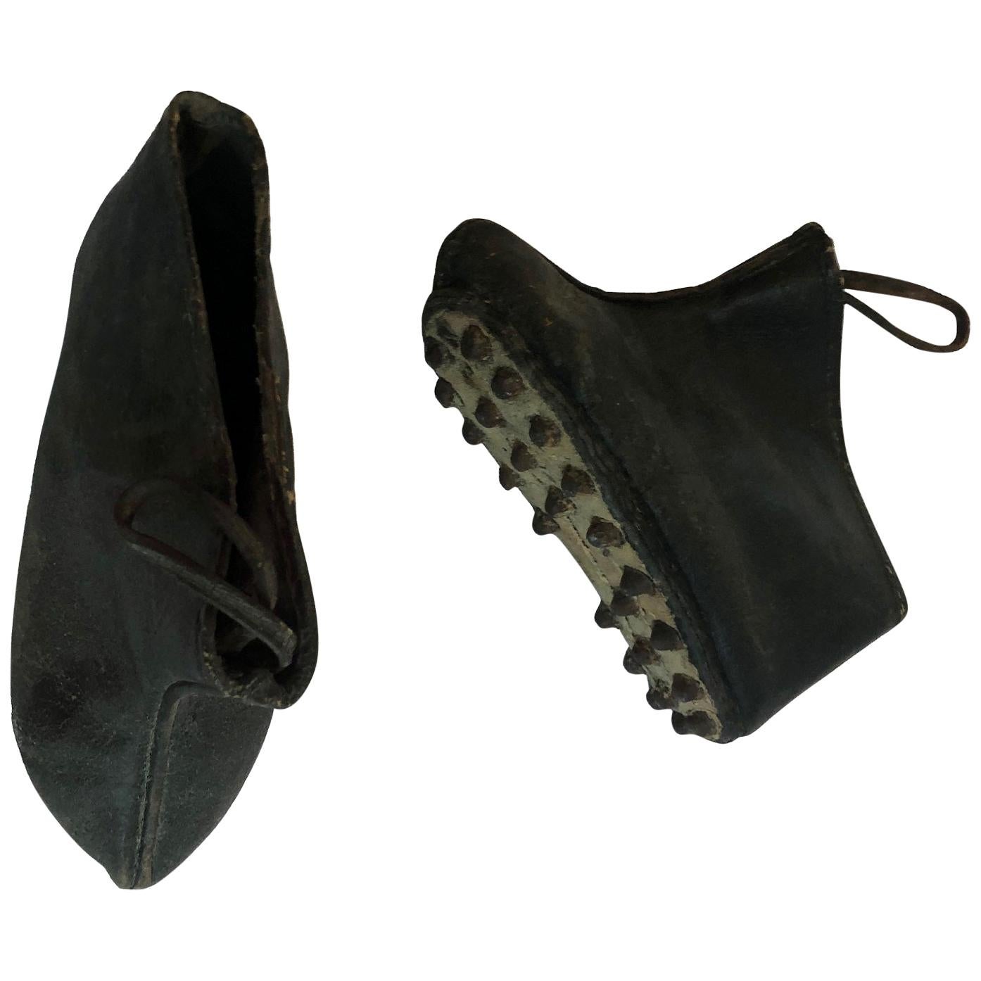 Antique Chinese Rice Paddy Black Leather Shoes For Sale