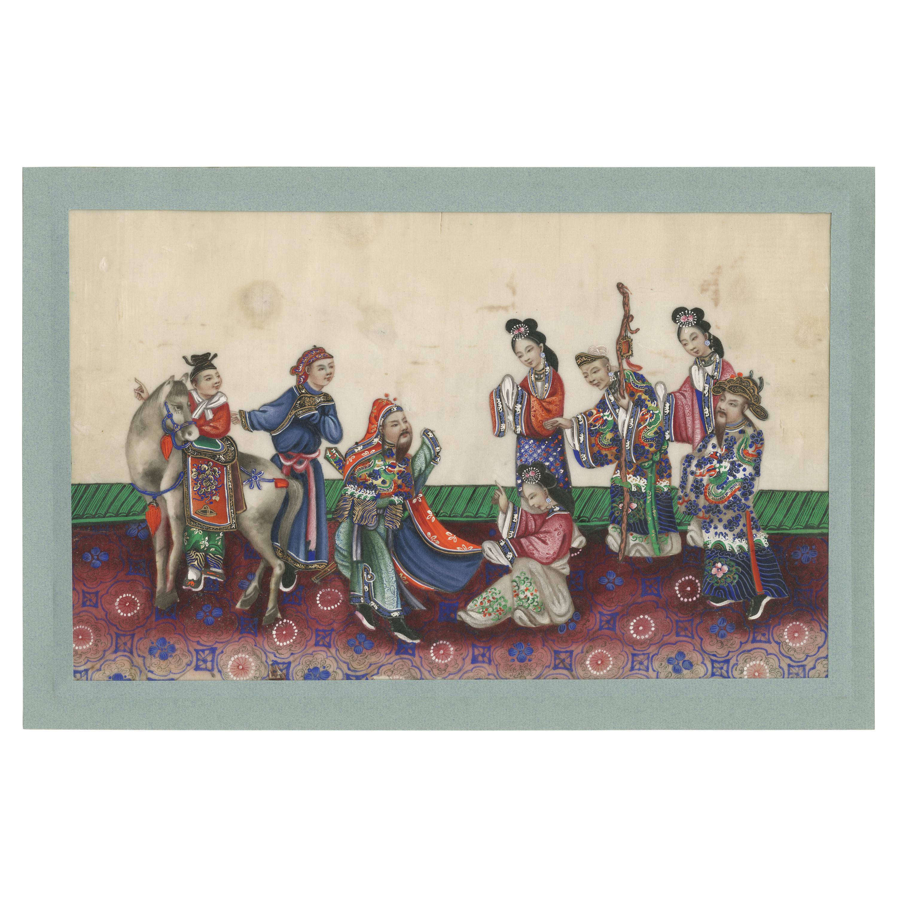 Ancienne peinture chinoise à la moelle en papier de riz représentant des hommes et des femmes (19e siècle) en vente