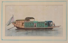 Antique Chinese Rice Pit painting of a Boat Top Quality Canton, 19th Century