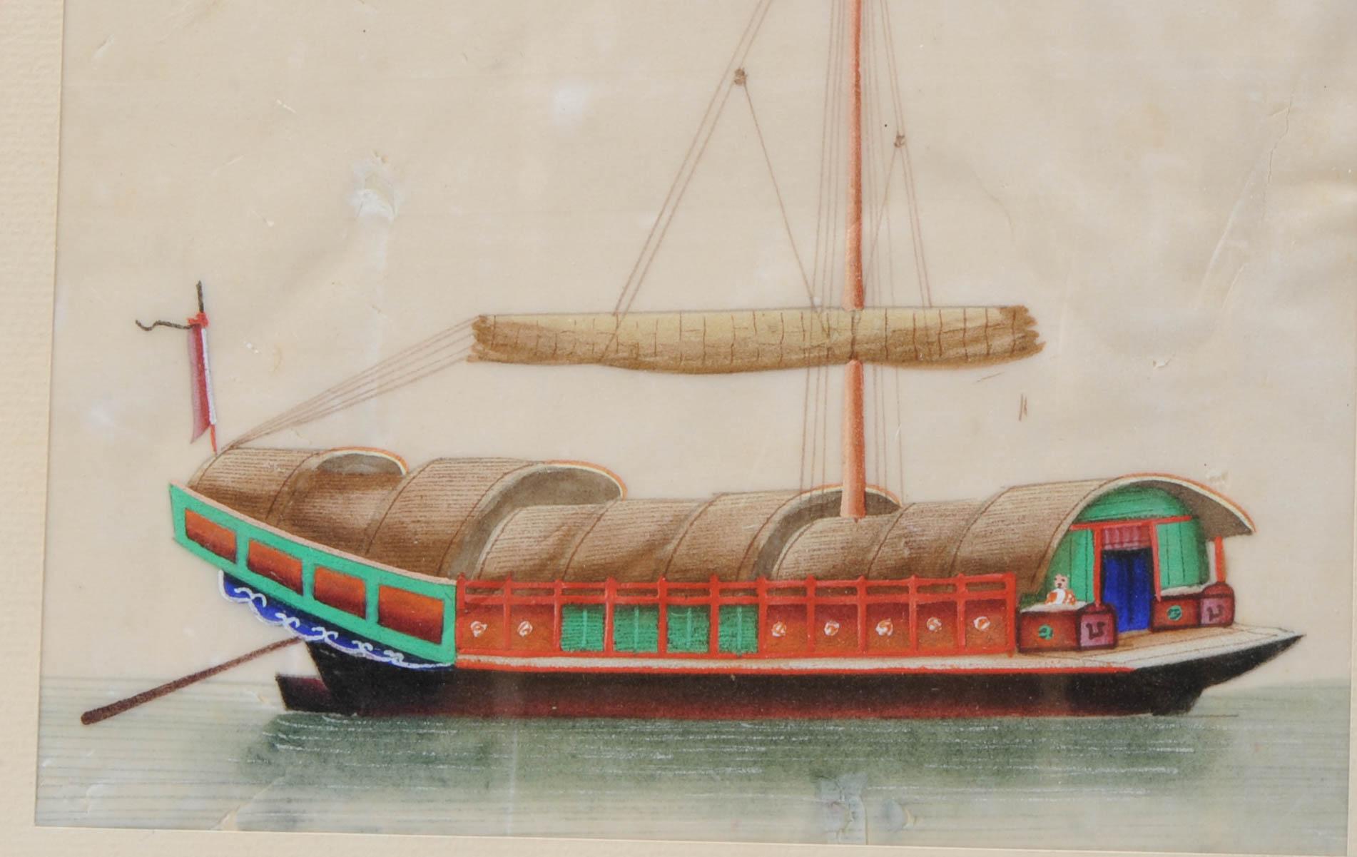 Antique Chinese Rice Pit painting of a Boat Top Quality Canton, 19th Century In Good Condition For Sale In Amsterdam, Noord Holland