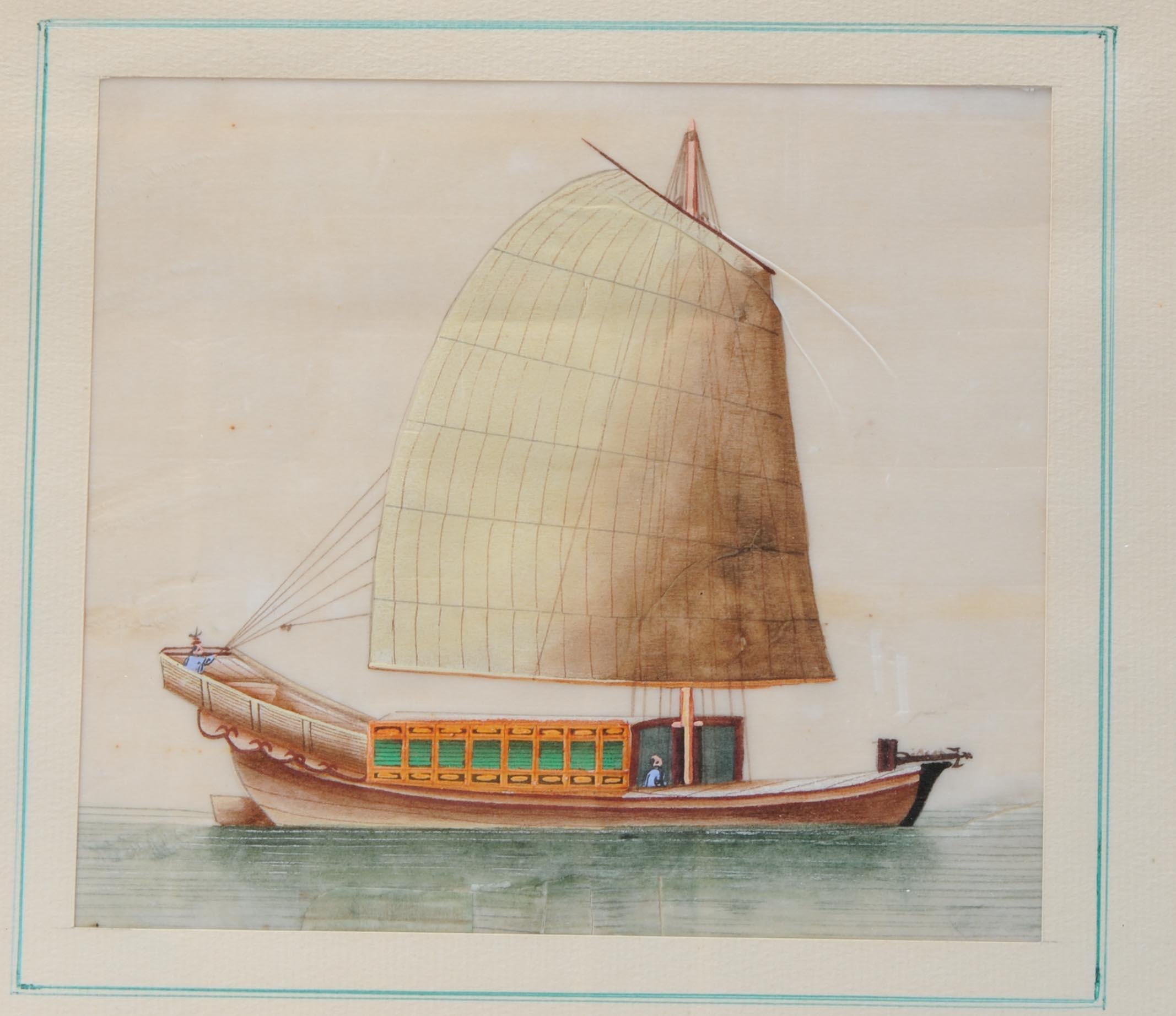 Antique Chinese Rice Pit painting of a Boat Top Quality Canton, 19th Century In Good Condition For Sale In Amsterdam, Noord Holland