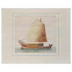 Antique Chinese Rice Pit painting of a Boat Top Quality Canton, 19th Century
