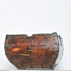 Antique Chinese Rich Wood Rice Grain Measure Harvest Carry Bucket w/ Iron Detail