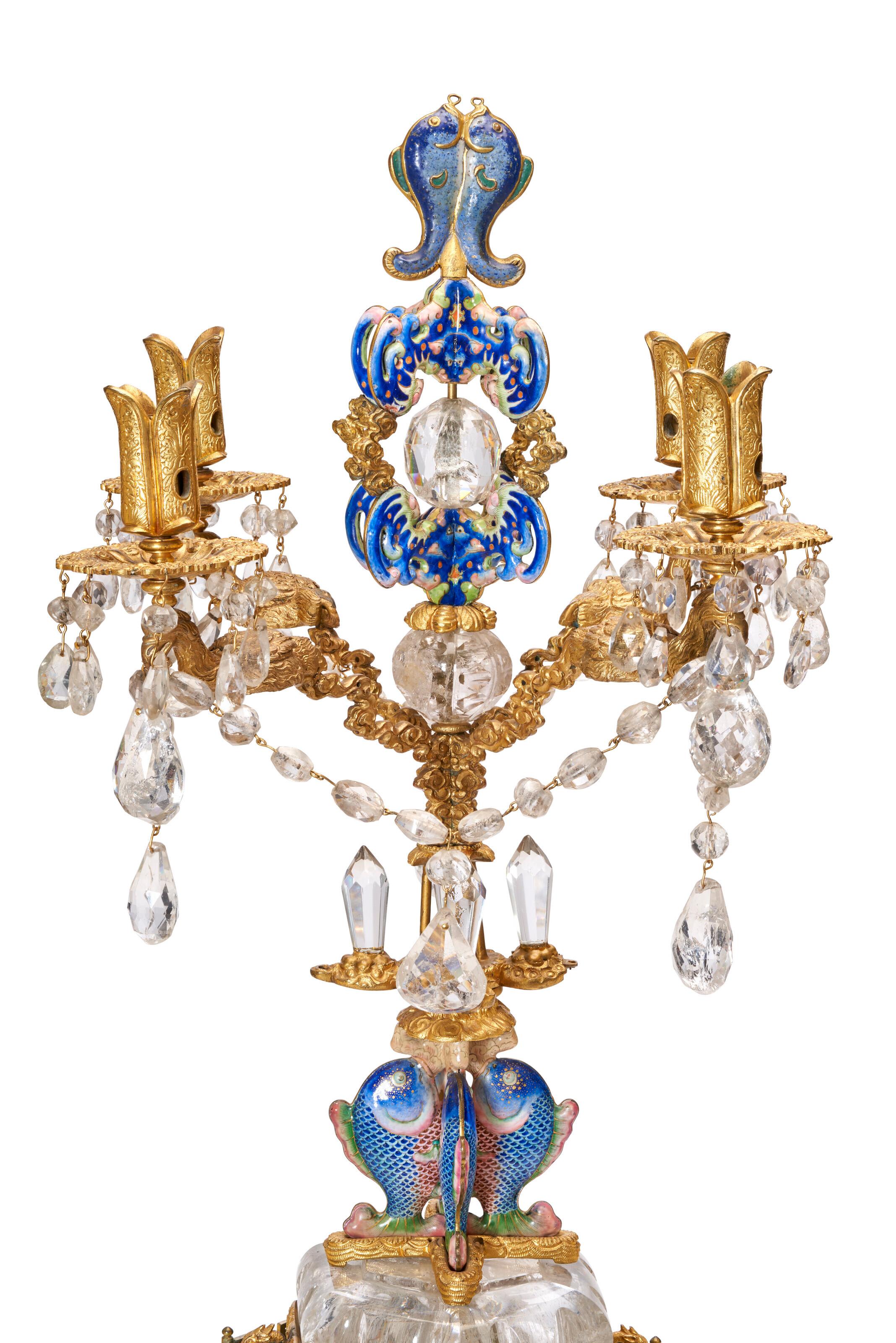 Antique Chinese Rock Crystal Gilt Metal and Enamel Candelabrum In Good Condition For Sale In New York, US