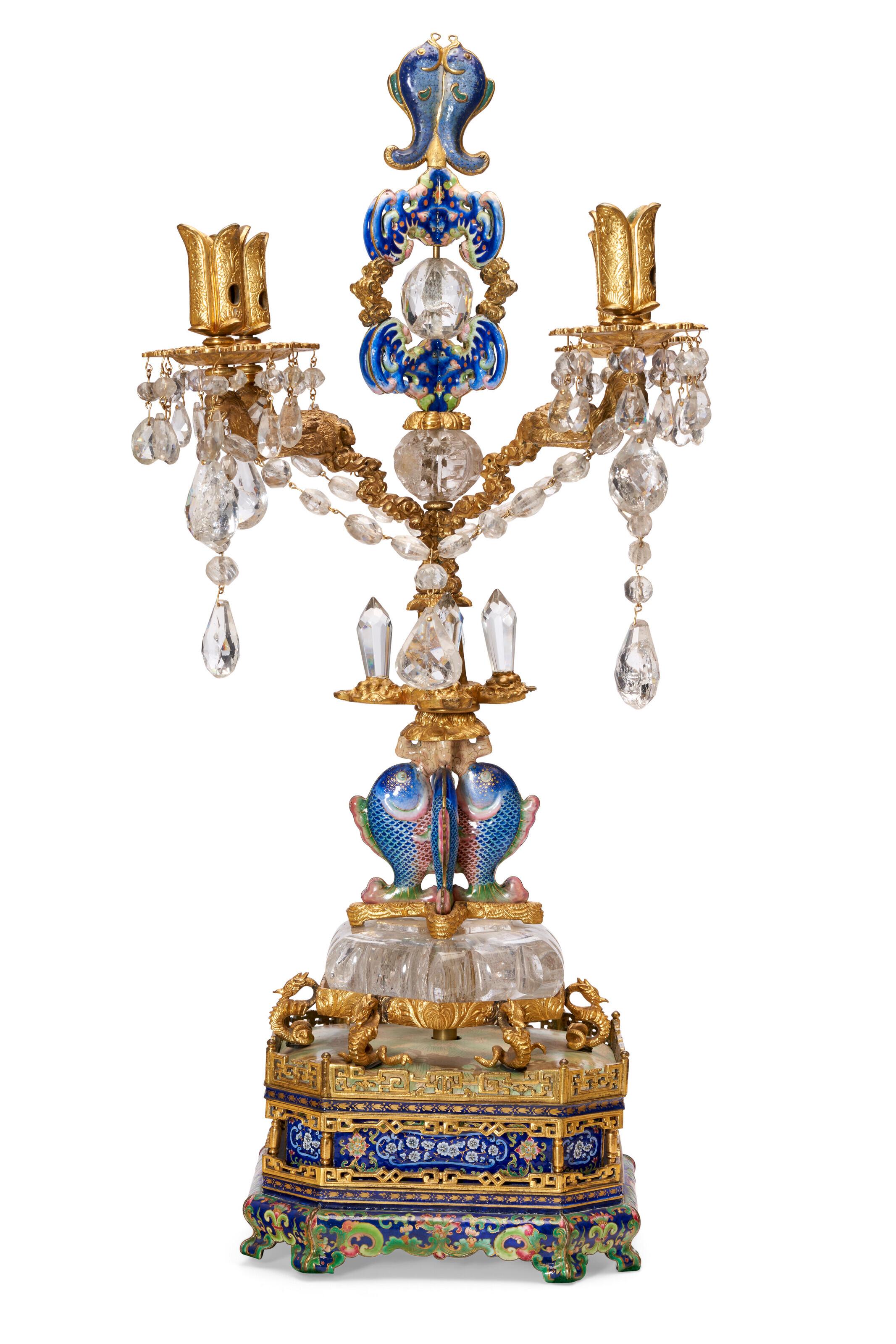 18th Century and Earlier Antique Chinese Rock Crystal Gilt Metal and Enamel Candelabrum For Sale