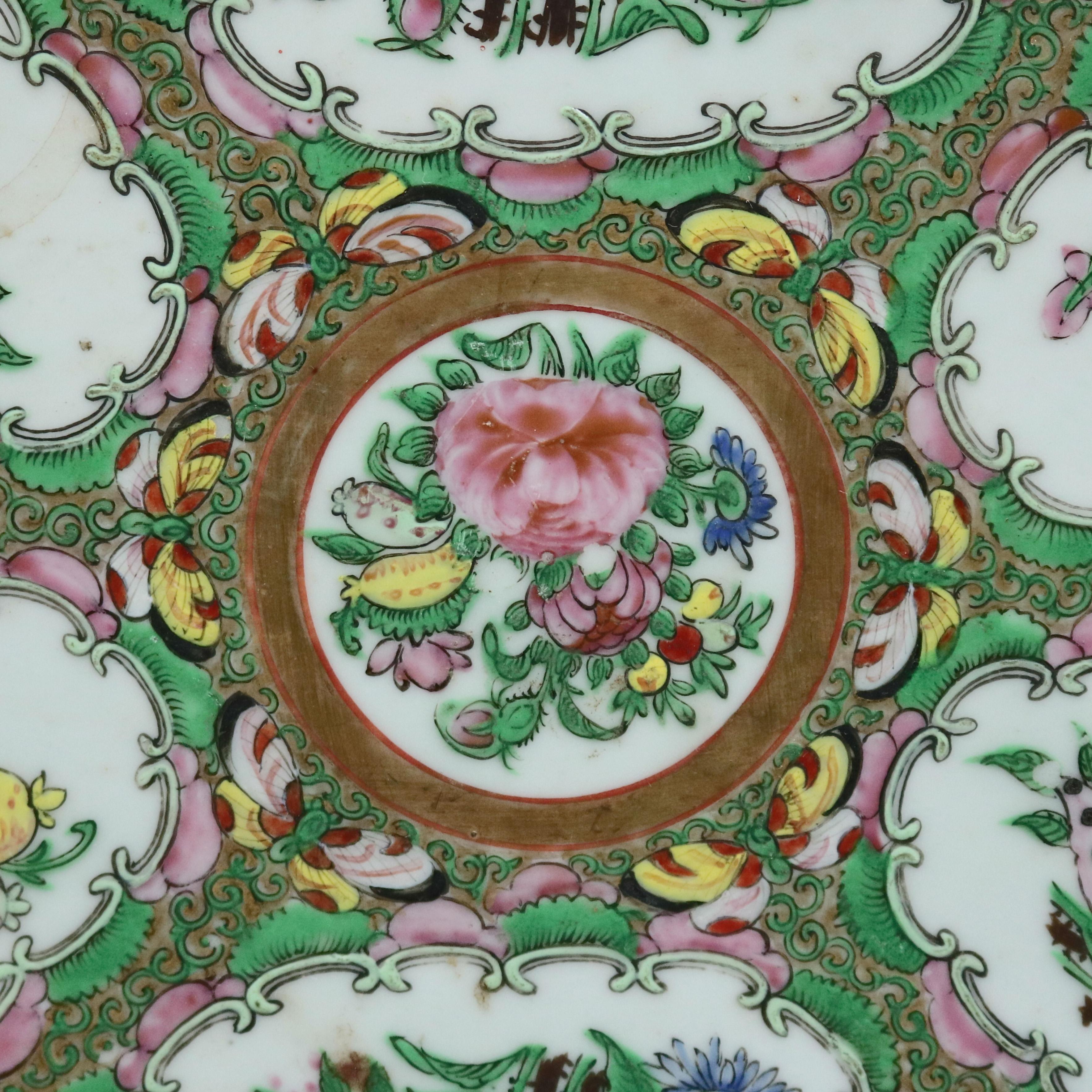 An antique Chinese Rose Medallion enameled porcelain platter offers hand painted panels of garden scenes including flowers and birds (pheasants), gilt highlights throughout, circa 1890

***DELIVERY NOTICE – Due to COVID-19 we are employing