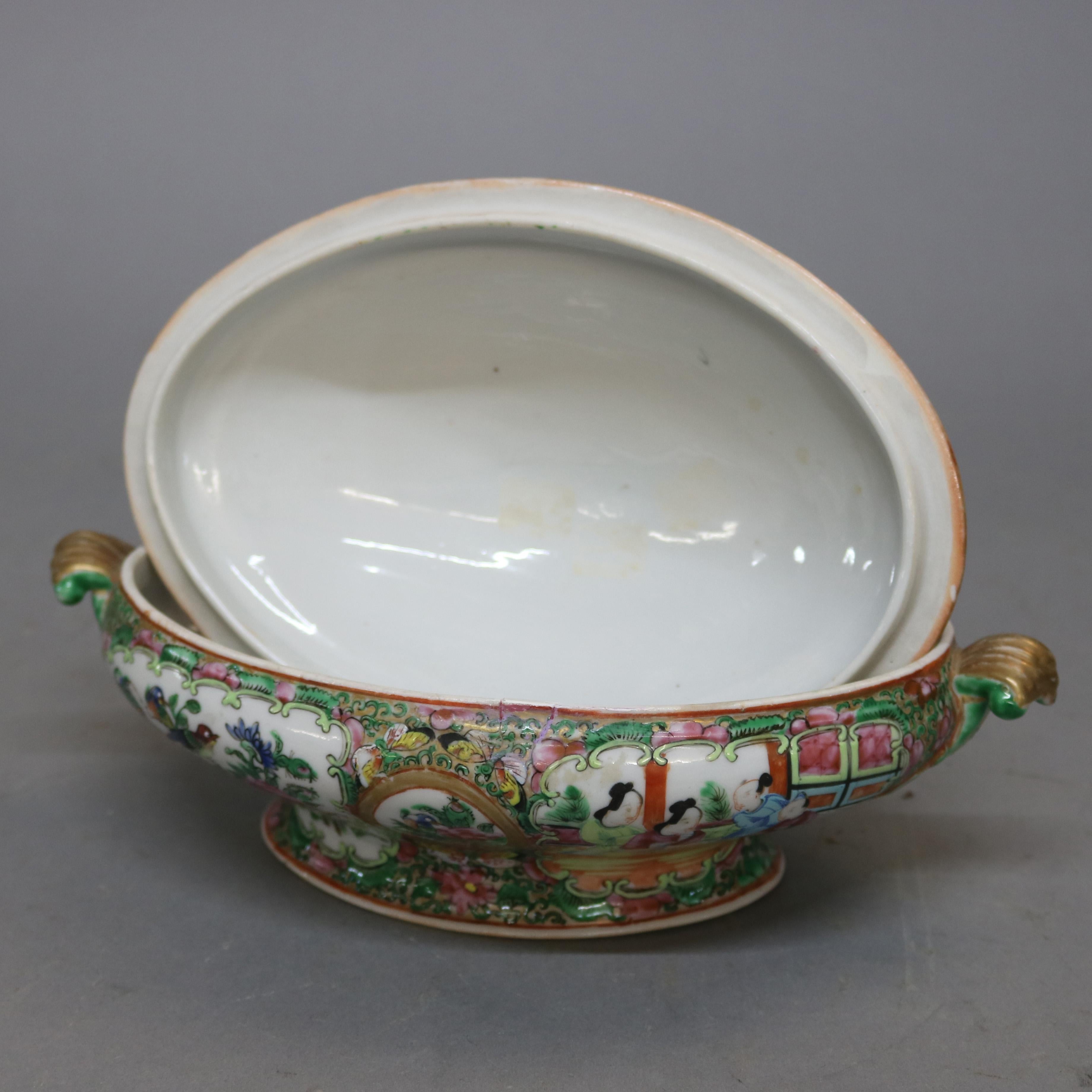 Antique Chinese Rose Medallion Hand Enameled & Gilt Porcelain Tureen, circa 1900 In Good Condition In Big Flats, NY