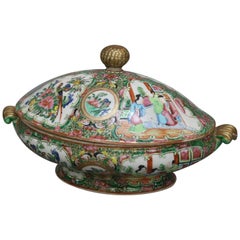 Antique Chinese Rose Medallion Hand Enameled & Gilt Porcelain Tureen, circa 1900