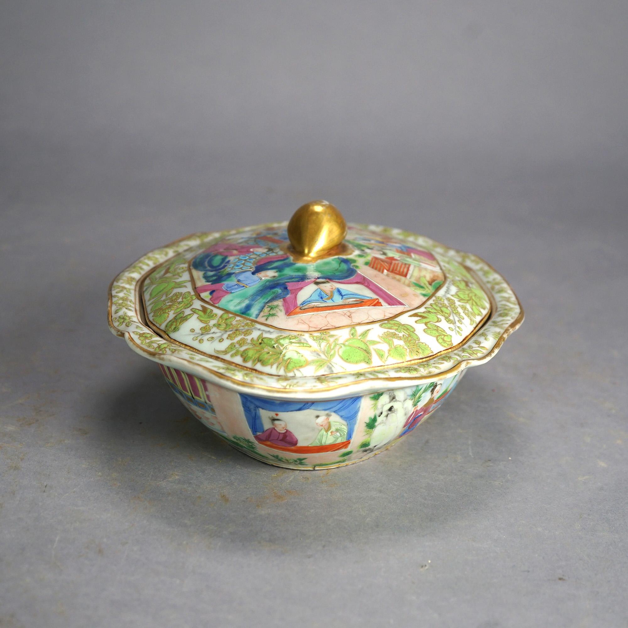 Asian Antique Chinese Rose Medallion Hand-Painted & Gilt Porcelain Lidded Tureen 19thC