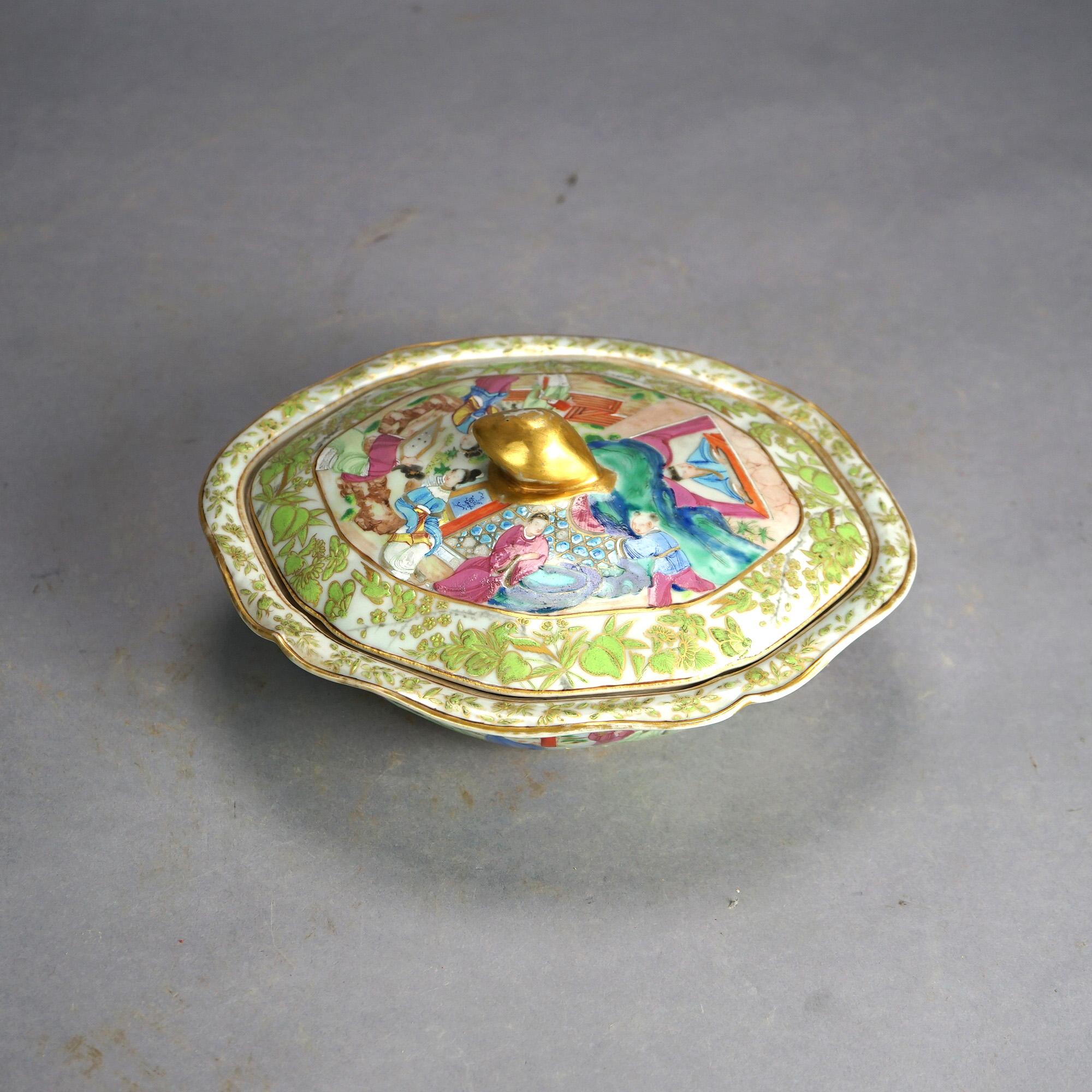 Antique Chinese Rose Medallion Hand-Painted & Gilt Porcelain Lidded Tureen 19thC In Good Condition In Big Flats, NY