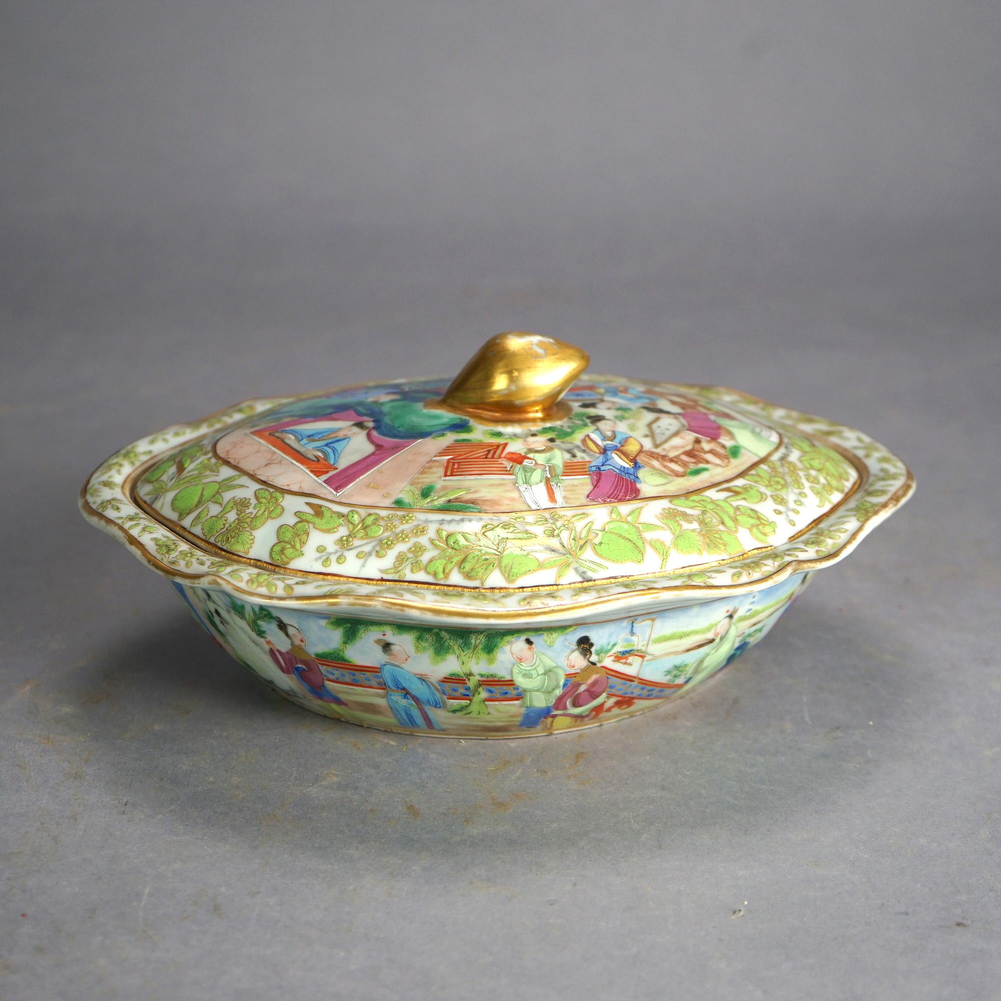 19th Century Antique Chinese Rose Medallion Hand-Painted & Gilt Porcelain Lidded Tureen 19thC