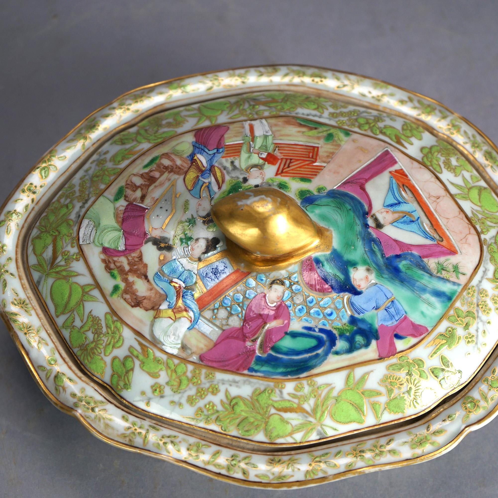 Antique Chinese Rose Medallion Hand-Painted & Gilt Porcelain Lidded Tureen 19thC 1