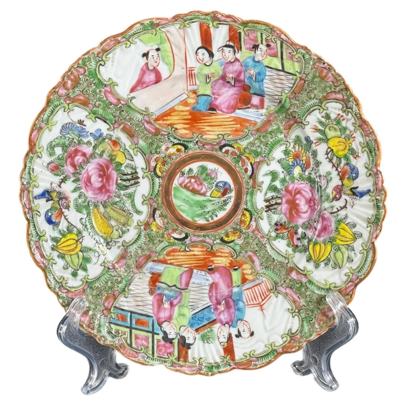 Antique Chinese Rose Medallion Plate - Figural & Floral Motif - 8.7 in