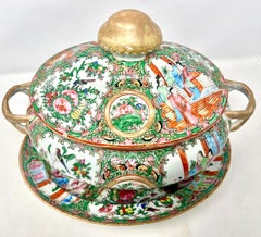 Antique Chinese Rose Medallion Porcelain 3 Piece Tureen, Circa 1920.